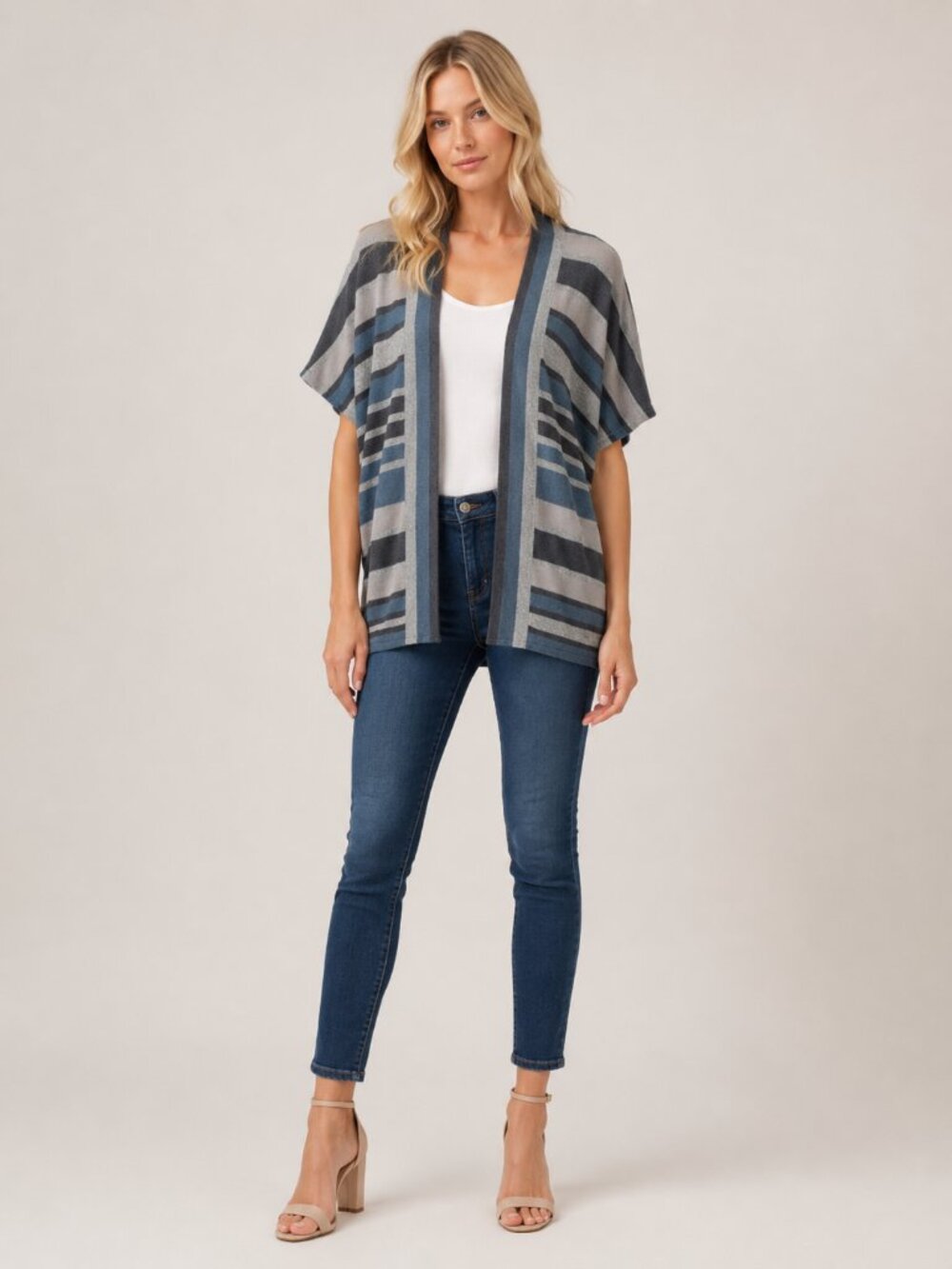St. John Striped Open Front Cardigan Sweater Short Sleeve Gray Tunic XP/XS #9454